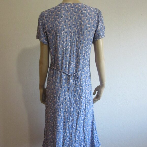 MNG Blue & White Floral V-Neck 6 Pullover Short Sleeve Tie Back Midi Dress - Picture 3 of 4